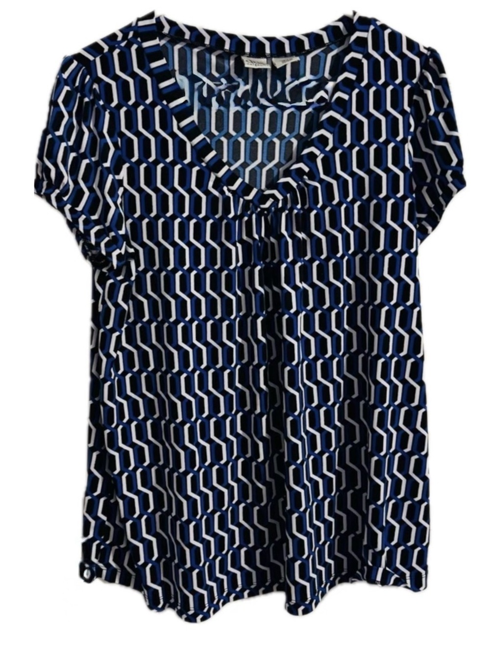 Geometric V-Neck Blouse Short Sleeve Blue Black White size Large Duo-Maternity